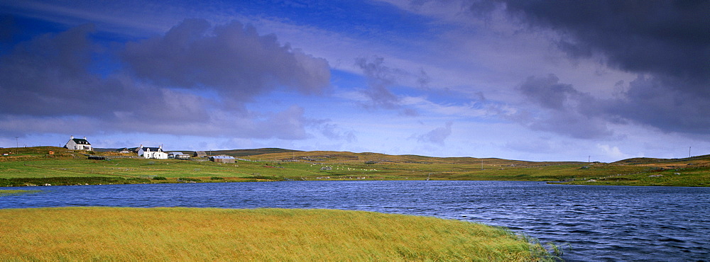 Small loch and houses near Greenland (Burraland), near Walls, West Mainland, Shetland Islands, Scotland, United Kingdom, Europe