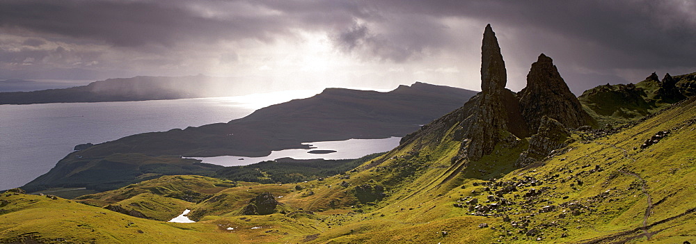 The Old Man of Storr, overlooking Loch Leathan and Raasay Sound, Trotternish, Isle of Skye, Inner Hebrides, Scotland, United Kingdom, Europe