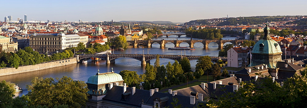 View of the River Vltava and bridges, Prague, Czech Republic, Europe