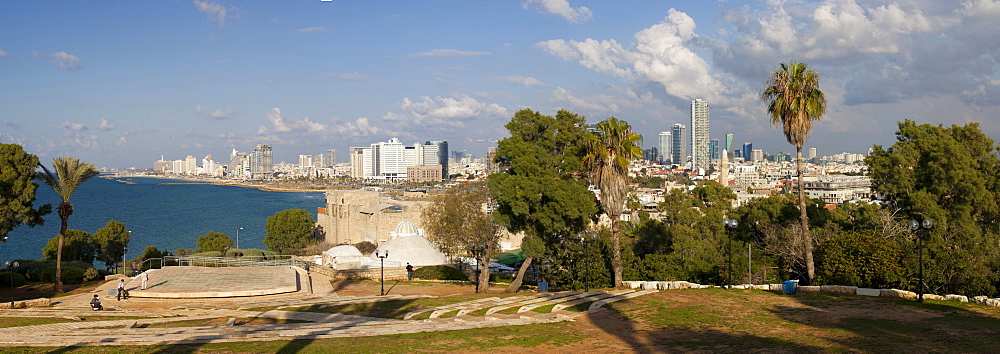 Downtown buildings viewed from HaPisgah Gardens Park, Jaffa, Tel Aviv, Israel, Middle East