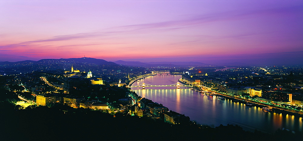 Panorama of the city at dusk over the River Danube, UNESCO World Heritage Site, Budapest, Hungary, Europe 