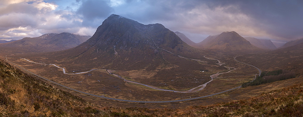 Buachaille Etive Mor and Rannoch Moor, passing into Glencoe Valley in winter, Scottish Highlands, Scotland, United Kingdom, Europe