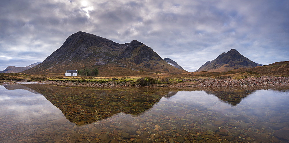 Isolated Lagangarbh Cottage on Rannoch Moor, near Glencoe, Highlands, Scotland, United Kingdom, Europe