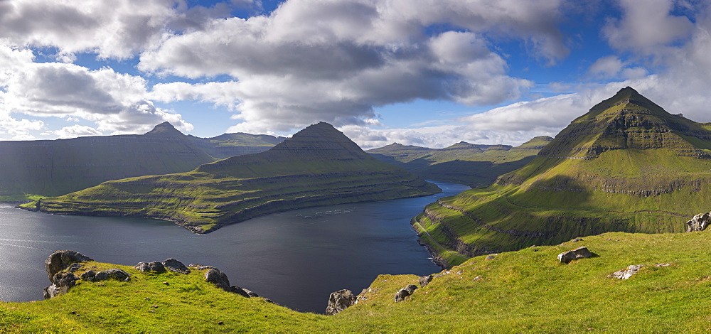 Mountains surrounding Funningsfjordur on the island of Eysturoy, Faroe Islands, Denmark, Europe