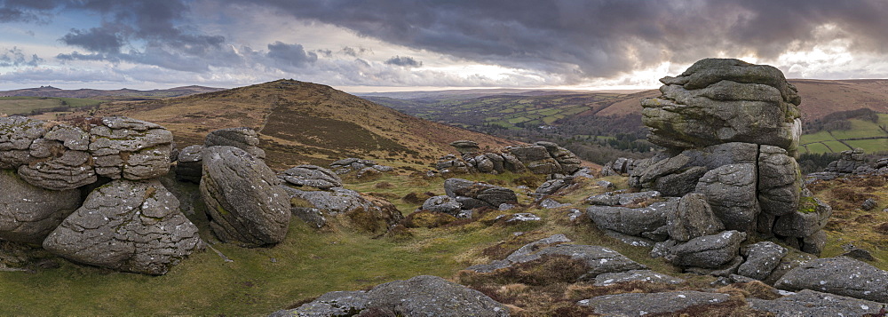 Dramatic granite outcrops at Honeybag Tor in Dartmoor National Park in winter, Devon, England, United Kingdom, Europe