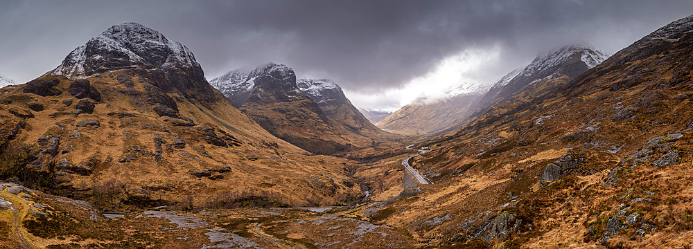 The Three Sisters of Glencoe from the Sanctuary in winter, Glencoe, Highlands, Scotland, United Kingdom, Europe