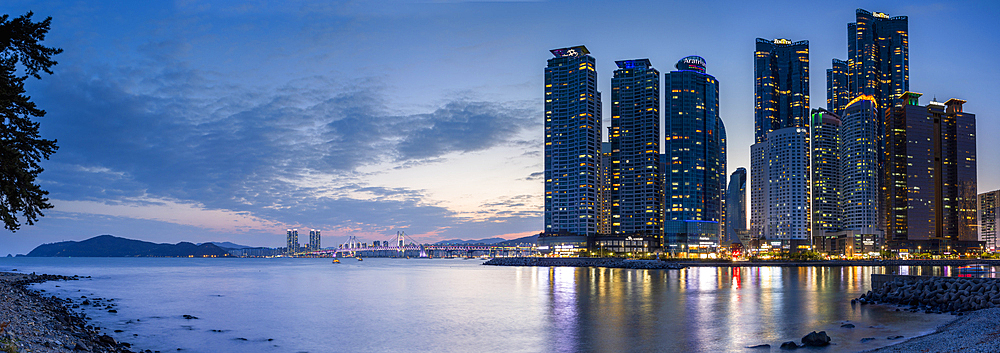 Skyscrapers of Marine City and Gwangan Bridge at dusk, Busan, South Korea, Asia