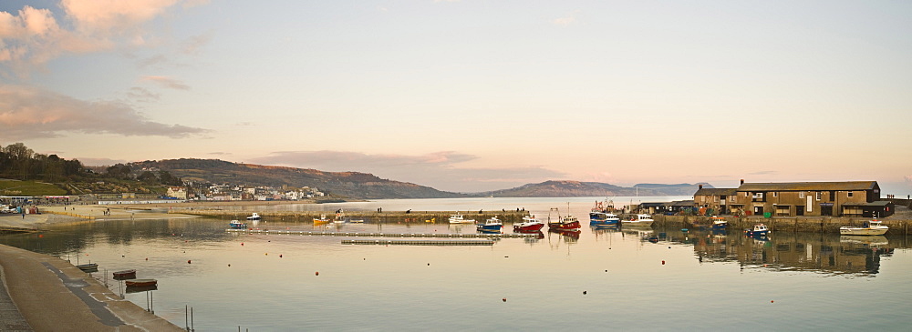 Panoramic view back to the harbour at Lyme Regis taken from the Cobb, Dorset, England, United Kingdom, Europe