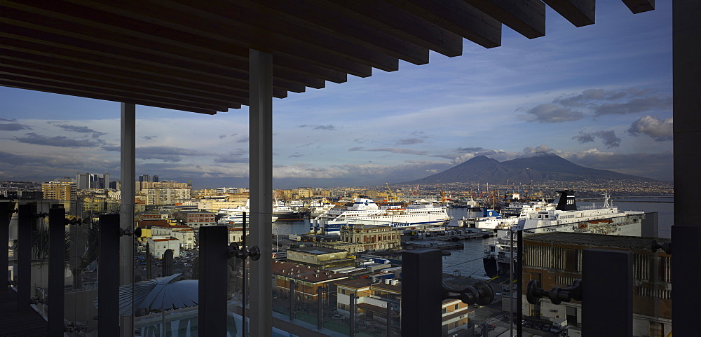 Hotel Romeo restaurant terrace and Mount Vesuvius, Naples, Campania, Italy, Europe