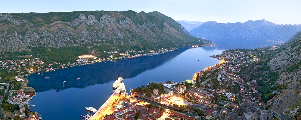 Panoramic dawn view of Kotor Bay and Kotor town from the ramparts of St John's Castle, UNESCO World Heritage Site, Montenegro, Europe