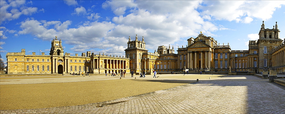 Panoramic of the Great Court of Blenheim Palace, UNESCO World Heritage Site, Woodstock, Oxfordshire, England, United Kingdom, Europe