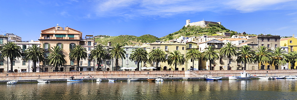 Bosa on the Temo River with a palm-lined promenade, Oristano Province, Sardinia, Italy, Europe