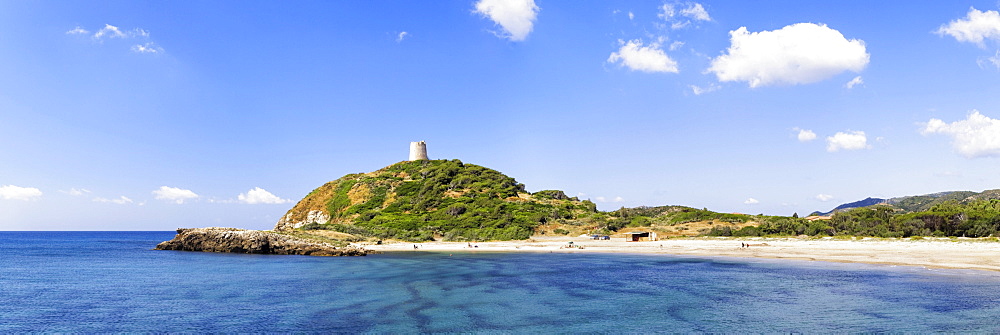 Sandy bay of Torre di Chia with the Saracen Tower with the same name on the Costa del Sud, Sulcis Province, Sardinia, Italy, Europe