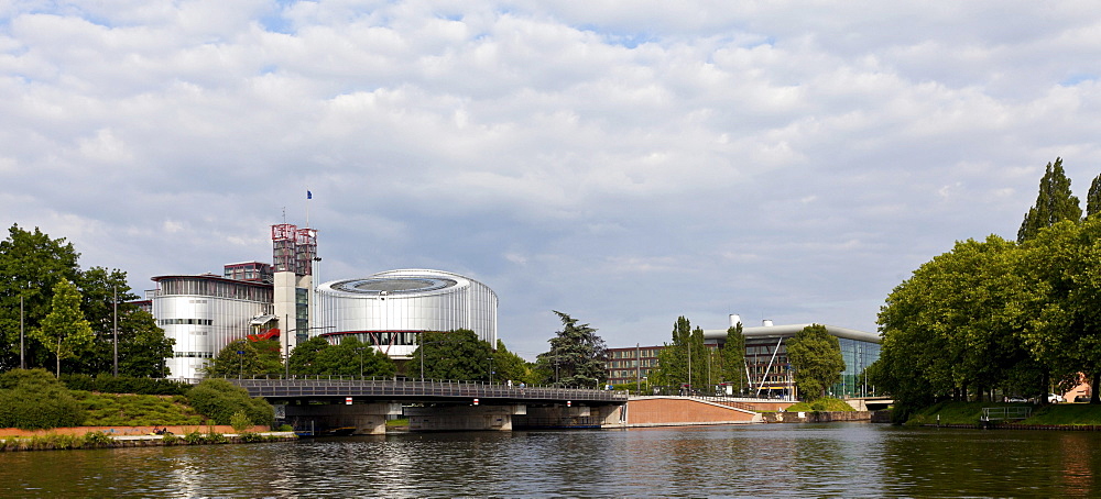 View of the European Court of Human Rights with the two cylindrical buildings of the courtrooms, Strasbourg, France, Europe