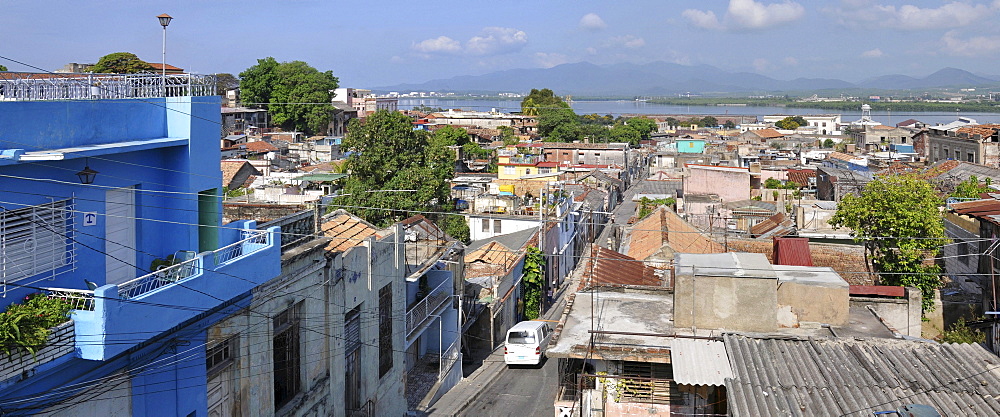 Panoramic view of the skyline as seen from the Balcon de Velazquez lookout, Tivoli borough, Santiago de Cuba, historic district, Cuba, Caribbean, Central America