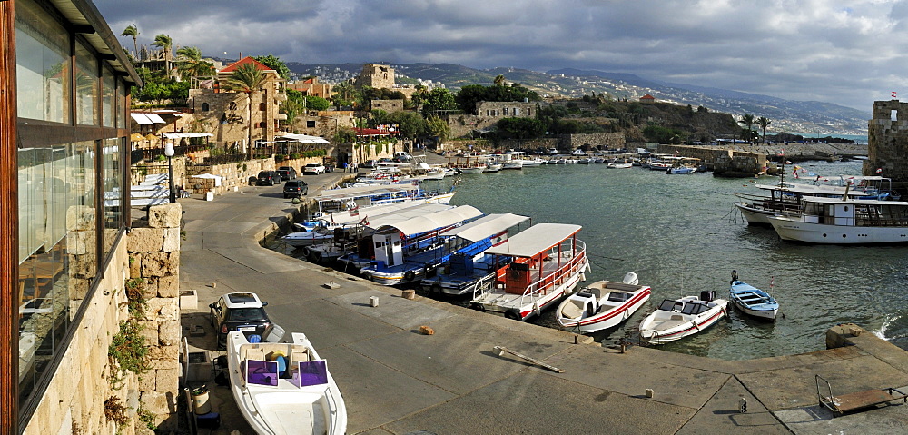 Fishing boats in the harbour of Byblos, Unesco World Heritage Site, Jbail, Lebanon, Middle east, West Asia