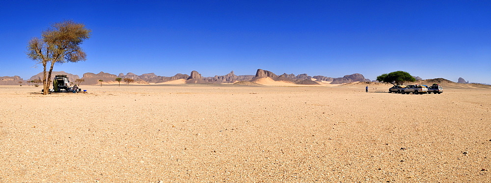 Group of tourists resting under an acacia tree, Tassili n'Ajjer National Park, Unesco World Heritage Site, Wilaya Illizi, Algeria, Sahara, North Africa