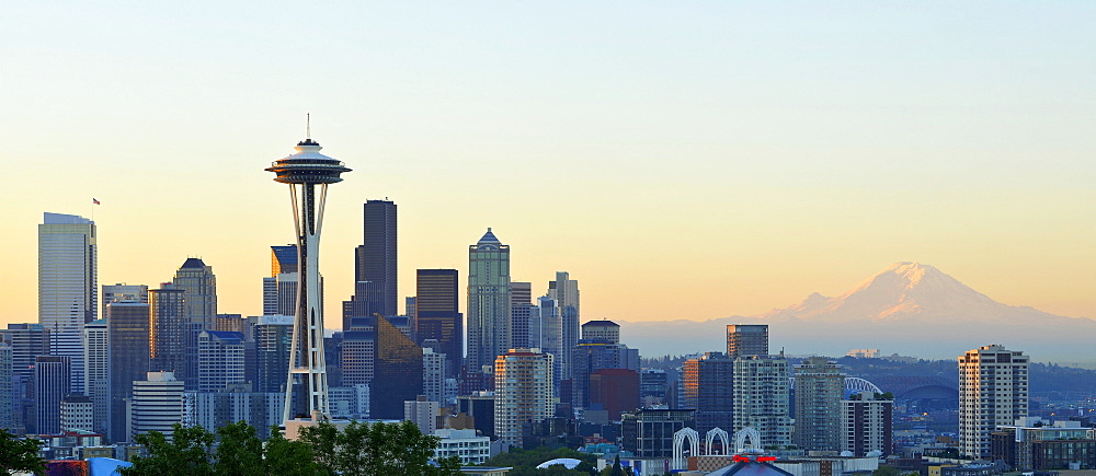 Panorama, early morning, sunrise, skyline of the Financial District in Seattle with Space Needle, Columbia Center, formerly known as Bank of America Tower, Washington Mutual Tower, Two Union Square Tower, Municipal Tower, formerly Key Tower and the U.S. B