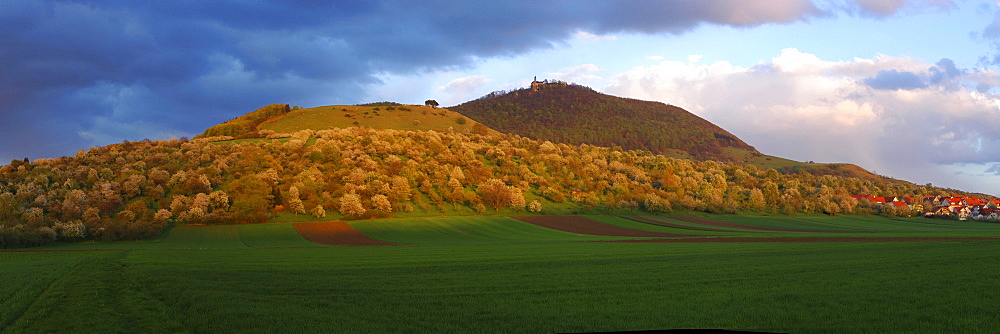 Burg Teck castle in the Swabian Jura in the evening light, Dettingen Teck, Baden-Wuerttemberg, Germany, Europe