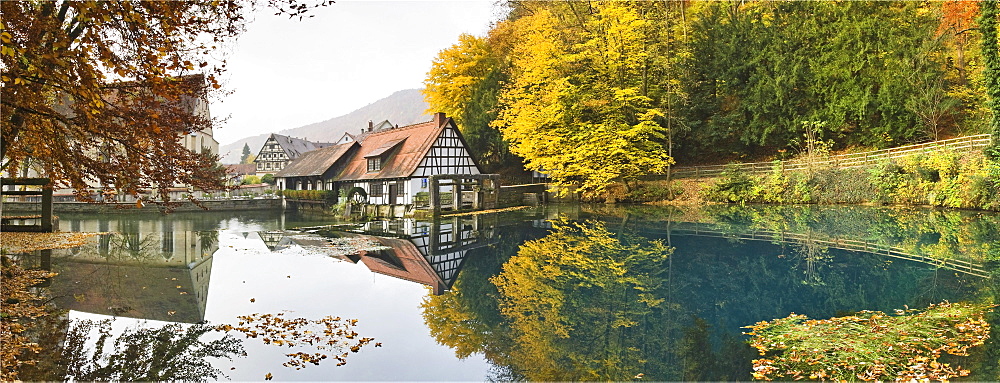 Blaubeuren Abbey and the mill being reflected on the Blautopf karstic spring, Swabian Alps, Baden-Wuerttemberg, Germany, Europe