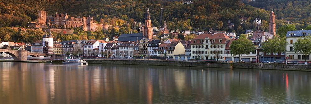 Old town of Heidelberg with the castle ruins, Brueckentor, bridge gate and the old Bridge, Baden-Wuerttemberg, Germany, Europe