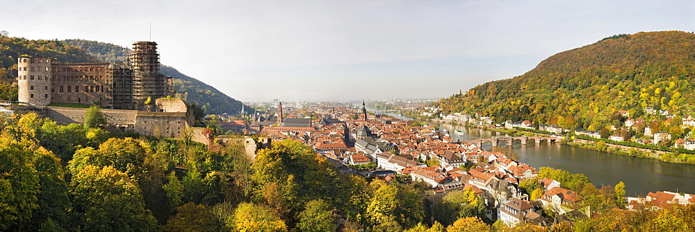 Panoramic views from Heidelberg Castle gardens across the old town and the castle ruins, Heidelberg, Baden-Wuerttemberg, Germany, Europe