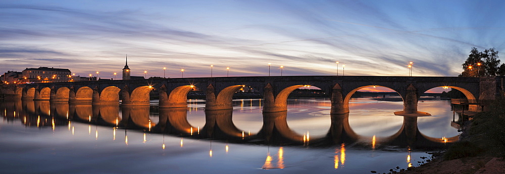 Pont Cessart Bridge reflecting in the Loire River, Saumur, Pays de la Loire, department of Maine et Loire, France, Europe