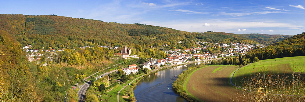 View across the Vierburgeneck, Neckarsteinach, Baden-Wuerttemberg, Germany, Europe