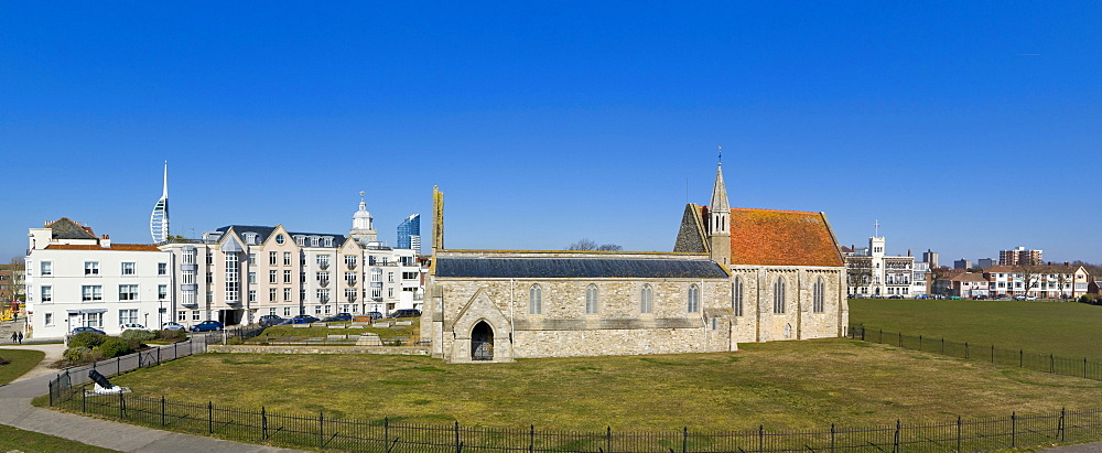 Panorama of Portsmouth with Royal Garrison Church, Domus Dei, Spinnaker Tower from King's Bastion, Old Portsmouth, Hampshire, England, United Kingdom, Europe