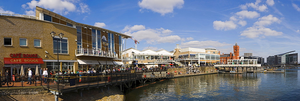 Panorama of Cardiff Bay with Mermaid Quay and The Pierhead building over Inner Harbour, Cardiff, Caerdydd, South Glamorgan, Wales, United Kingdom, Europe