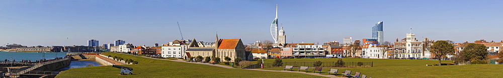 Panorama of Portsmouth with Royal Garrison Church, Domus Dei, Spinnaker Tower, King's Bastion moat and Waterfront Millennium Promenade from King's Bastion, Old Portsmouth, Hampshire, England, United Kingdom, Europe