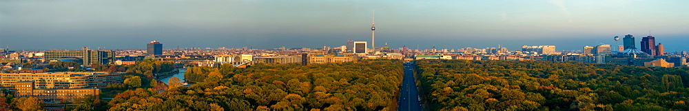 Panoramic view of the Siegessaeule, Victory Column, towards east with the government district, the Reichstag building, Brandenburg Gate, TV Tower, skyscrapers in Potsdamer Platz, Potsdam Square, Mitte district, Berlin, Germany, Europe