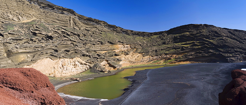 Green lagoon in the caldera of El Golfo, Lanzarote, Canary Islands, Spain, Europe