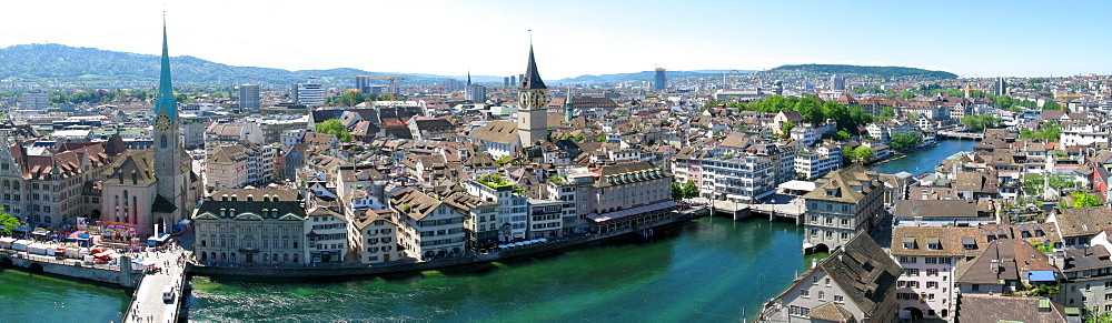 Panoramic view of Zurich on the Limmat river, Zurich, Switzerland, Europe