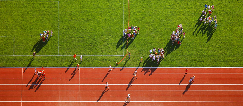 Aerial view, Ischelandstadion, sports stadium, with student group, sports meeting, Federal Youth Games, athletics, Hagen, Ruhr Area, North Rhine-Westphalia, Germany, Europe