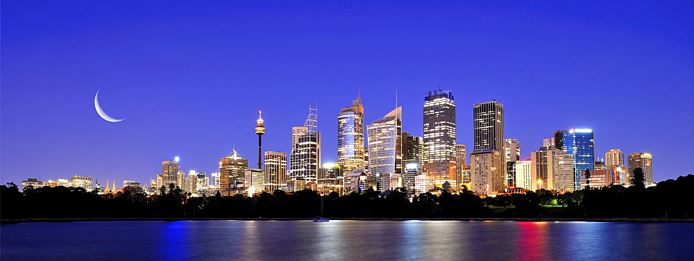 Panorama shot skyline of Sydney, moon, TV Tower, Central Business District, night shot, Sydney, New South Wales, Australia