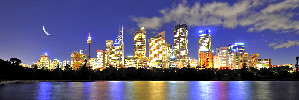 Panorama shot of Sydney skyline, moon, TV Tower, Central Business District, night, Sydney, New South Wales, Australia