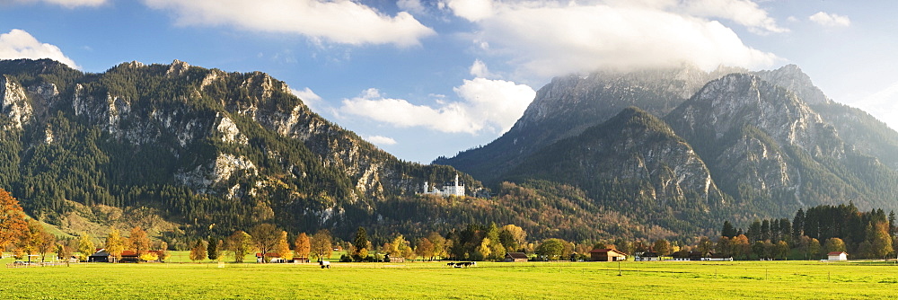 Neuschwanstein Castle in front of the Alpine scenery with Saeuling Mountain and Tegelberg Mountain, Ostallgaeu, Bavaria, Germany, Europe