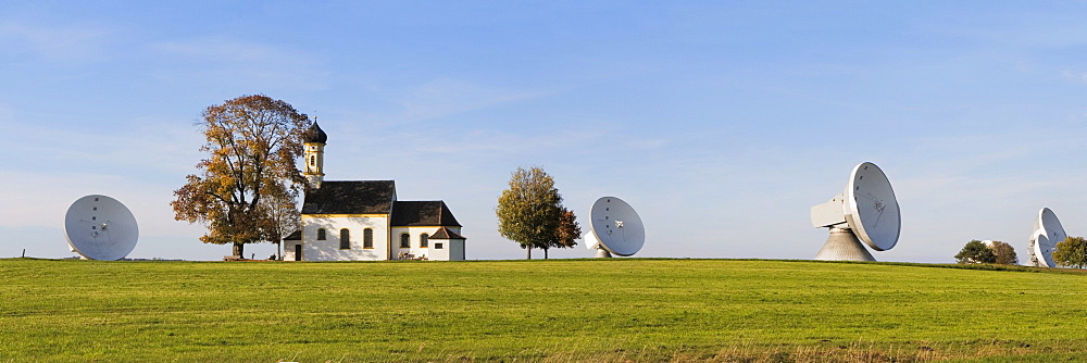 The Erdfunkstelle Raisting, a facility for satellite communication near Raisting, and Saint John's Chapel, Upper Bavaria, Germany, Europe,