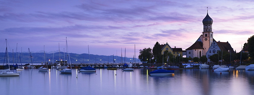 Church of St. George at sunset, Wasserburg, Lake Constance, Bavaria, Germany, Europe