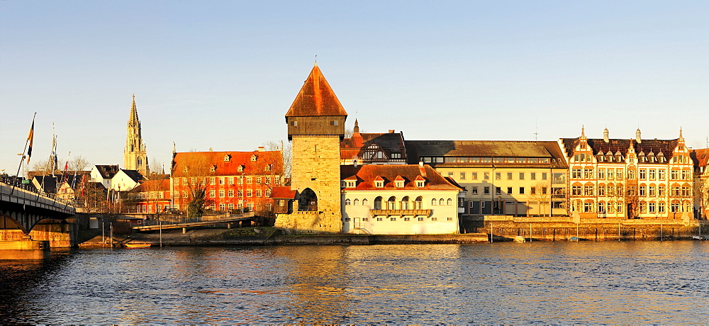 Panoramic view of the Rhine River at Konstanz with Alte Rheinbruecke Bridge, Muensterturm Tower and the historic Rheintorturm Tower, district of Konstanz, Constance, Baden-Wuerttemberg, Germany, Europe