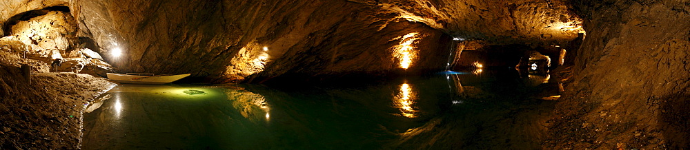 Panorama shot of the largest submontane lake in Europe, Lac souterrain de St-Leonard, St-Leonhard Underground Lake, Valais, Switzerland, Europe