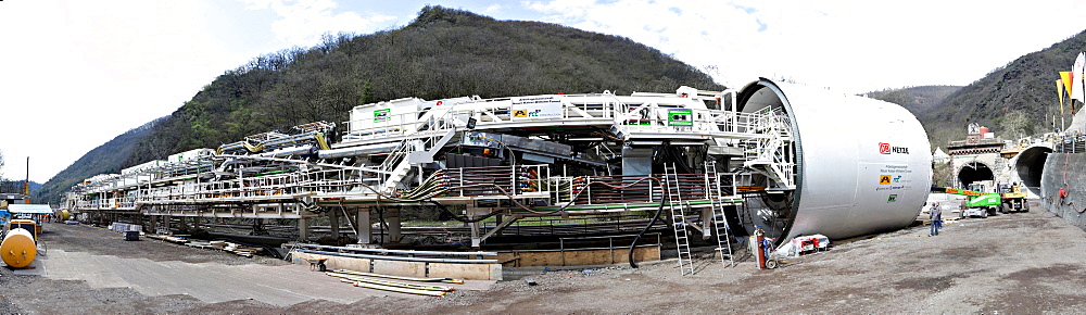 A giant tunnel boring machine of the specialist firm Herrenknecht, length 90 meters, bore diameter more than 10 meters, in front of the construction site of the second tube of the Kaiser Wilhelm Tunnel at the Ediger-Eller district, Rhineland-Palatinate, G