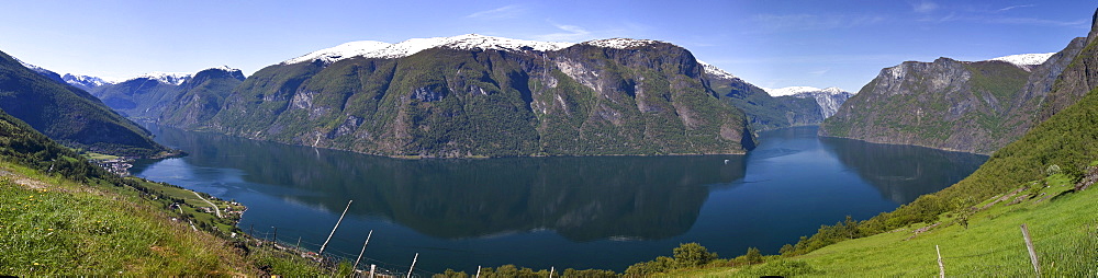 The panoramic view of the Aurlandsfjord with the towns of Flam and Aurland, Norway, Scandinavia, Europe