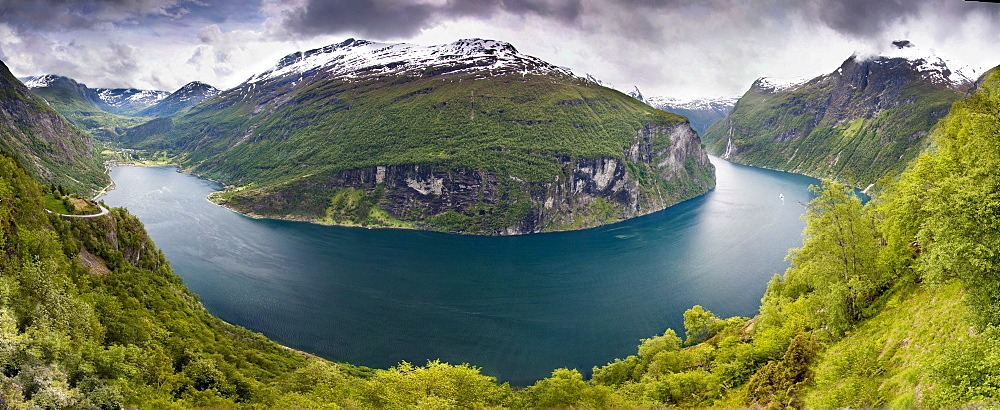 The panoramic view of the Geiranger Fjord, from the eagle eyes view of ornesvingen, Norway, Scandinavia, Europe