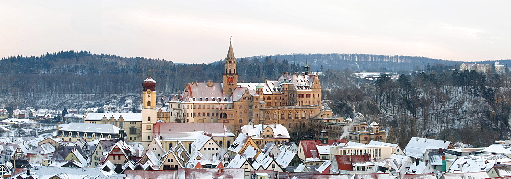 Schloss Sigmaringen castle in winter in the morning, Sigmaringen, Baden-Wuerttemberg, Germany, Europe