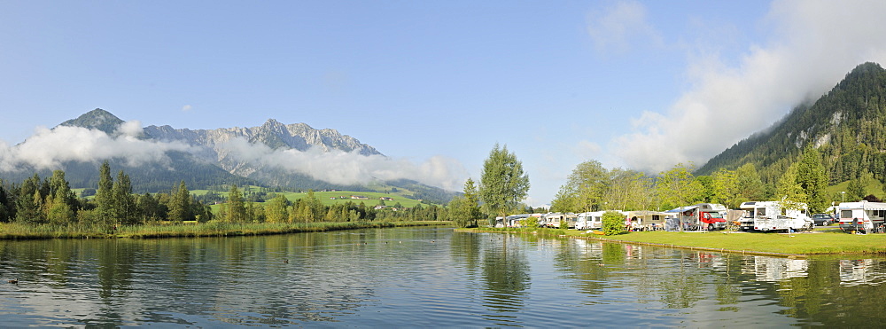 Mt Zahmer Kaiser and Walchsee Lake, seen from Seespitz Camping, Tyrol, Austria, Europe