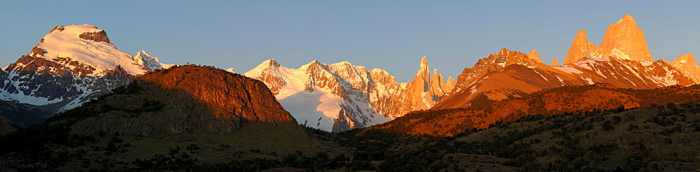 Mt. Cerro Torre and Mt. Fitz Roy in the morning light, El Chalten, Andes, Patagonia, Argentina, South America