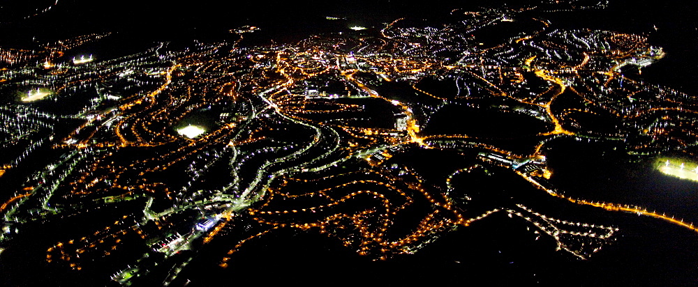 Aerial shot, night scene, Oberrahmede, Luedenscheid, North Rhine-Westphalia, Germany, Europe