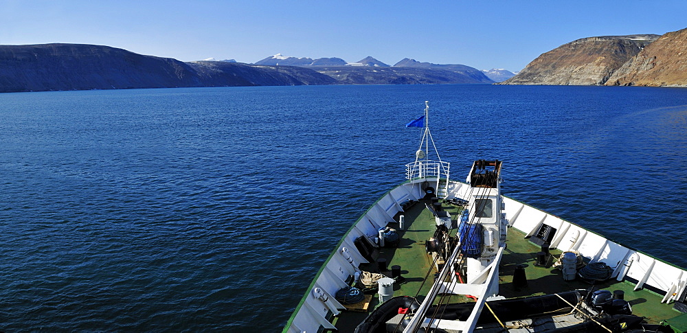 Cruise North Cruiseship Lyubov Orlova entering Sunshine Fjord, Baffin Island, Nunavut, Canada, Arctic